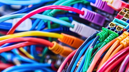 Canvas Print - Ethernet cable junction box, close-up, a maze of colorful cables connected, focus on cable management solutions 