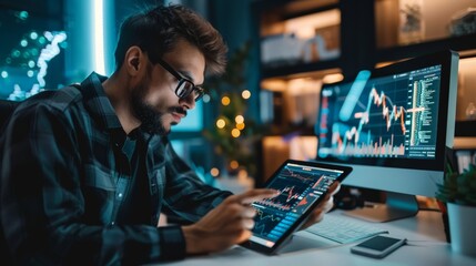 Wall Mural - Young investor monitoring cryptocurrency markets on a digital tablet, engaged in evening trading sessions.