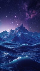 Wall Mural - picturesque landscape of mountain ridge near wavy sea under starry sky at night