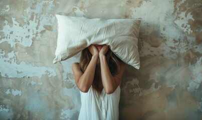 Tired woman with pillow over head standing near wall