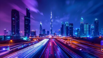 Wall Mural - Urban skyline with modern skyscrapers against busy highways in daynight timelapse. Concept Urban Skylines, Modern Skyscrapers, Busy Highways, Day-Night Timelapse