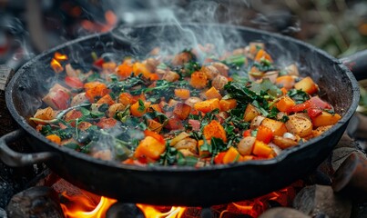 Wall Mural - Greens and root vegetables cooking in a pan over hot coals