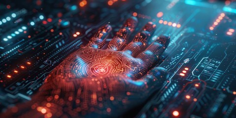 Futuristic touch interaction with digital interface. Biometric prints.