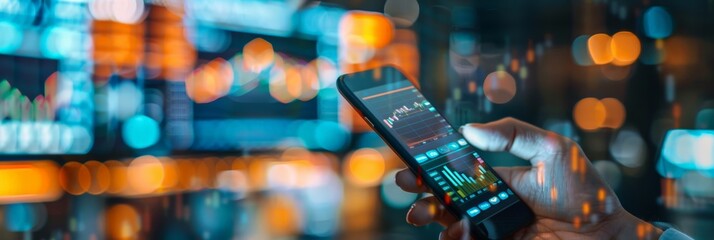 Finance professional using a smartphone to track stock market trends, highlighting mobility in modern investment strategies. Mobile trading and technology concept.