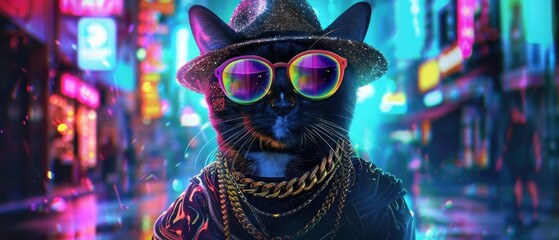 Cool cat with glasses, futuristic city view background