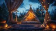 A whimsical bedroom featuring a teepee tent and twinkling string lights.