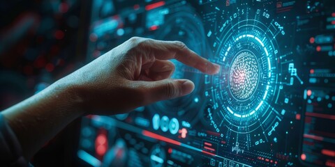 Futuristic touch interaction with digital interface. Biometric prints.