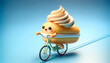 Adorable animated cream-filled pastry with a cute face riding a bicycle on a blue background, perfect for dessert concepts and International Happiness Day