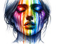 Artistic representation of a woman with vibrant, multicolored paint streaming down her face, symbolizing diversity and creativity, ideal for Pride Month or art-related concepts