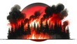 Dramatic illustration of a wildfire engulfing a forest with a red sun background, depicting natural disaster awareness and environmental conservation