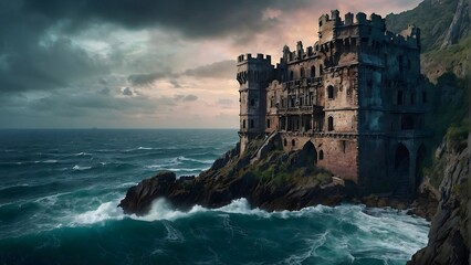 Wall Mural - Abandoned castle in the heart of the rock by the raging sea. A decrepit castle, perched on a cliff overlooking a churning sea.