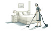 Uniformed maid with a vacuum cleaner tidying a modern bedroom, conceptually related to housekeeping and cleanliness, ideal for International Workers' Day promotions