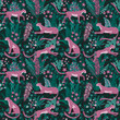 Tropic pattern. Jungle animal print with african leopard or tiger, safari plant leaf and flowers, fashion pink jaguar. Decor textile, wrapping paper, wallpaper. Vector seamless background