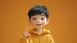 3d illustration of smiling child pointing up with one finger on an orange background