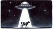 Illustration of a cow being abducted by a UFO with a beam of light under a starry night sky, conceptually representing alien encounter or science fiction