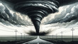 Dramatic illustration of a large tornado approaching over a highway, ideal for topics on severe weather, natural disasters, and emergency preparedness awareness