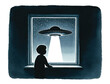 Child gazing at UFO from window at night, evoking extraterrestrial concepts and World UFO Day; suitable for science fiction themes and nighttime wonders