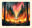 Illustration of a devastating forest fire with towering flames and smoke engulfing the trees, depicting environmental issues and related to campaigns for climate change awareness