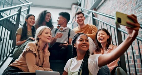 Poster - Friends, stairs and tablet with selfie in college for funny or emoji with smile, pose and fun for youth. University, social media and tech with diversity in Canada with memories for people with humor