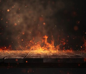 Wall Mural - The empty wooden table top with fire and sparks on black background 