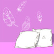 Pillow sketch. Bedroom soft cushions heap. Flying feathers. Outline comfortable bedding. Nighttime home sleep. Domestic bedtime relaxation. Cotton pillowcase. Sweet dream vector card