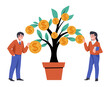 Money tree. Finance investment. Gold coins at plant branches. People investing dollars. Wealth growing. Economy profit. Successful millionaire investor. Savings cultivate. Vector concept