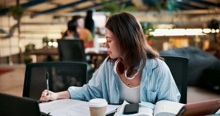 Poster - Library, university and girl with books for studying, learning and reading in cafeteria. Academy, college student and woman with notes, textbooks and course work for knowledge, school and education