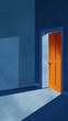 Minimalistic image of a blue room with an open orange door. Represents opportunities to escape abusive environments