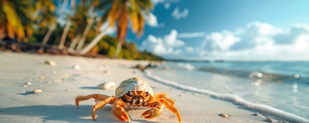 Wall Mural - Hermit crab on beach with palm trees