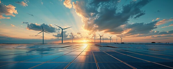 wind farm and solar panels under a beautiful blue sky with a few clouds. renewable energy generation