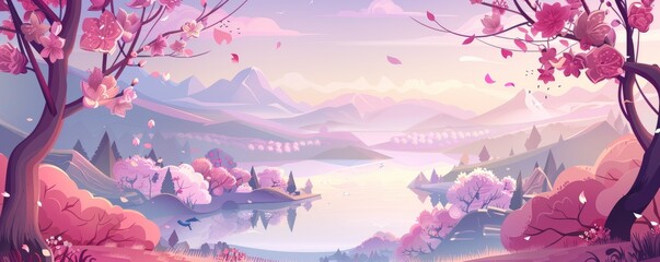 Sticker - spring background in cartoon style. Pink and purple sakura, cherry, magnolia in bloom. Asian horizontal landscape with lake, hills, trees and flowers. Banner with copy space.