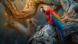 A parrot perched in an ancient tree, its vivid colors and long lifespan embodying the magic of longevity.