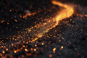 Wall Mural - with the camera capturing the unique trails each ember creates as it moves through the air. The black background enhances the visibility of the trails, showcasing the beauty of their paths. 8k