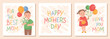 Happy Mother's Day cards set. Children with flowers and balloons congratulate mom. Vector cute illustration for postcards, posters, banner.