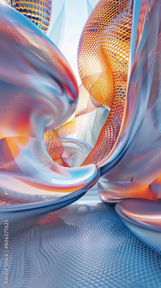 Create an abstract 3D structure with a fluid-like form that appears to ...