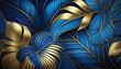 © Bill - Abstract luxury art background with exotic tropical leaves in blue and gold in line style.