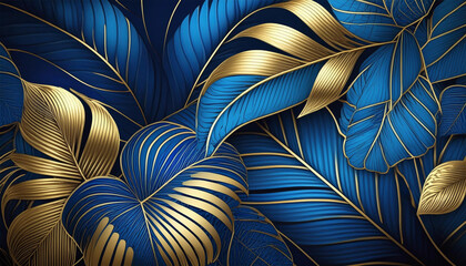 abstract luxury art background with exotic tropical leaves in blue and gold in line style.