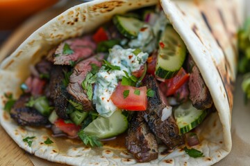 Canvas Print - Close up view of a taco filled with grilled lamb, tzatziki sauce, and fresh cucumbers, all wrapped in a soft tortilla