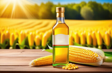 Wall Mural - a small transparent glass bottle of corn essential oil on a wooden table, ripe yellow corn cob, eco-friendly medicinal solution, corn field on the background, sunny day
