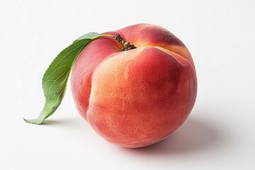 Wall Mural - Close-up of two ripe peaches with a green leaf placed on a white background. Soft lighting enhances the details of the fruit