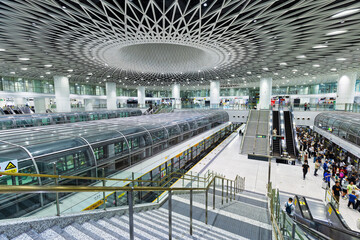 Shenzhen -11 April 2021: Shenzhen Metro transit modern architecture in public transport underground station Gangxia North in Shenzhen, China