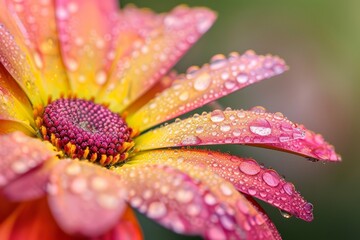 Wall Mural - Close-up of a vibrant pink and yellow daisy flower covered in rain droplets