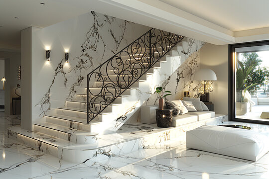 A modern white living room with a marble staircase and abstract iron railing, serving as a conversation piece and artistic focal point