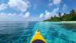 Bright yellow kayak glides across the crystal-clear waters of the maldives, with lush islands in the background