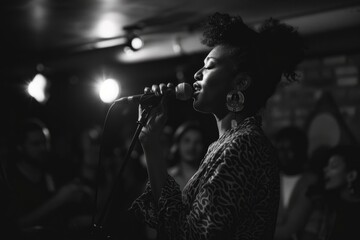 Wall Mural - A confident woman is singing into a microphone in front of a crowd during an open mic night event