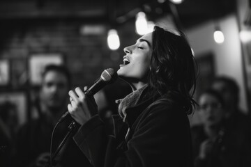 Wall Mural - A woman confidently sings into a microphone on stage during an open mic night in front of a crowd