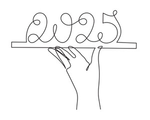 Wall Mural - Hand holds 2025 one line art, hand drawn continuous contour. Holiday concept, festive New year handwriting text, minimalist design. Editable stroke. Isolated. Vector illustration