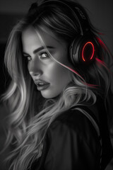 Wall Mural - Blonde woman with neon headphones, album covers