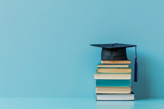 Stack of books with a graduation hat on top