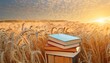 old style books in a wheat field warm bright summer day sunset light golden color rich background generative ai